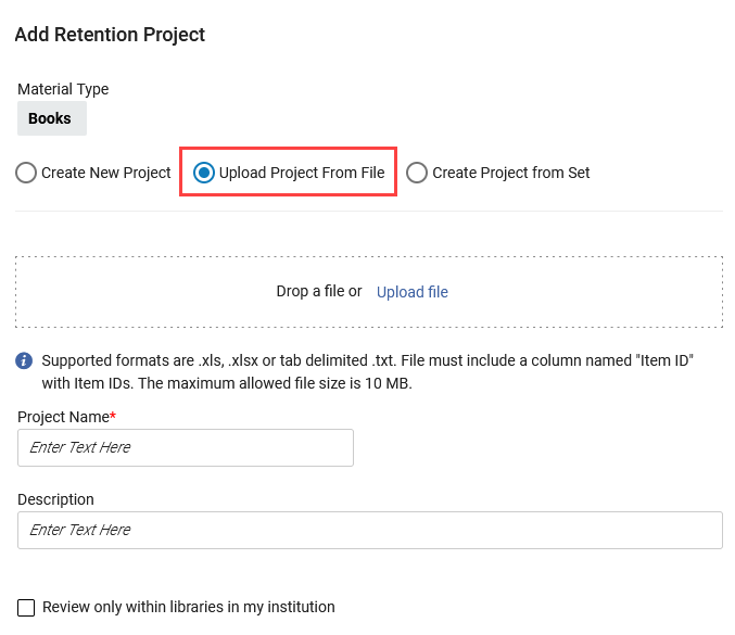 New Upload Project From File option.